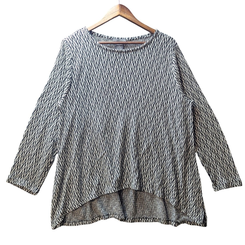 Chelsea & Theodore Womens Black White Textured Knit High Low Top XXL Long Sleeve